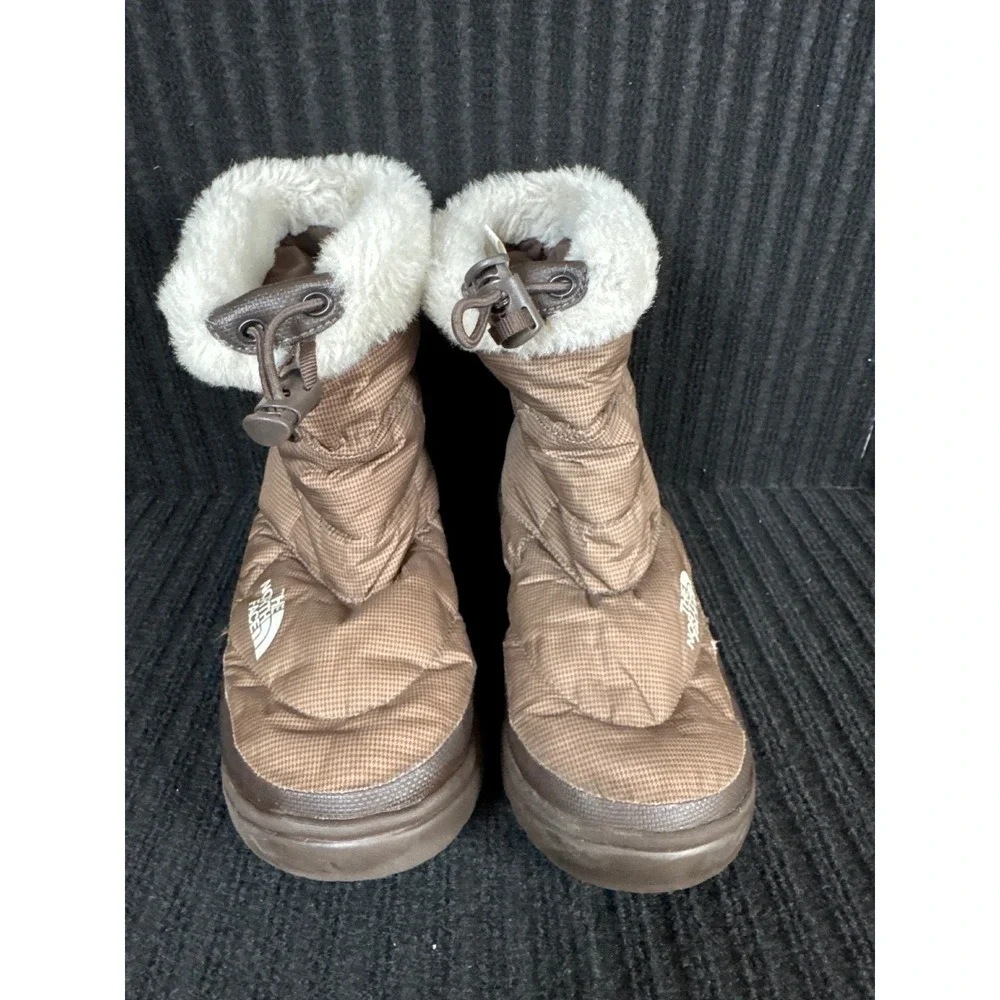 The North Face Womens Brown Houndstooth Nuptse Puffer Boots Size 6 Faux Fur Trim